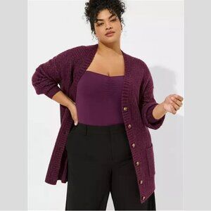 Torrid - Boyfriend Cardigan Pointelle Sleeve Sweater in Winter Bloom Plum Purple